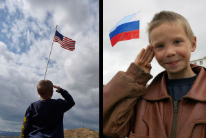 American Exceptionalism - two boys salute their respective flags